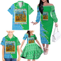 Tanzania Wildlife Family Matching Off The Shoulder Long Sleeve Dress and Hawaiian Shirt with Tribal Print and Mount Kilimanjaro Safari Scene