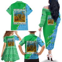 Tanzania Wildlife Family Matching Off The Shoulder Long Sleeve Dress and Hawaiian Shirt with Tribal Print and Mount Kilimanjaro Safari Scene