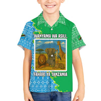 Tanzania Wildlife Family Matching Off The Shoulder Long Sleeve Dress and Hawaiian Shirt with Tribal Print and Mount Kilimanjaro Safari Scene