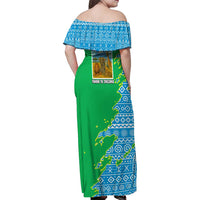 Tanzania Wildlife Family Matching Off Shoulder Maxi Dress and Hawaiian Shirt with Tribal Print and Mount Kilimanjaro Safari Scene