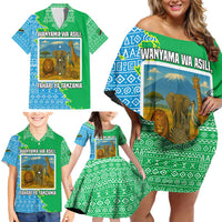 Tanzania Wildlife Family Matching Off Shoulder Short Dress and Hawaiian Shirt with Tribal Print and Mount Kilimanjaro Safari Scene