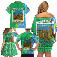 Tanzania Wildlife Family Matching Off Shoulder Short Dress and Hawaiian Shirt with Tribal Print and Mount Kilimanjaro Safari Scene