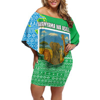 Tanzania Wildlife Family Matching Off Shoulder Short Dress and Hawaiian Shirt with Tribal Print and Mount Kilimanjaro Safari Scene