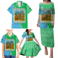 Tanzania Wildlife Family Matching Puletasi and Hawaiian Shirt with Tribal Print and Mount Kilimanjaro Safari Scene