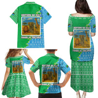 Tanzania Wildlife Family Matching Puletasi and Hawaiian Shirt with Tribal Print and Mount Kilimanjaro Safari Scene
