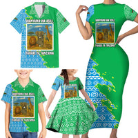 Tanzania Wildlife Family Matching Short Sleeve Bodycon Dress and Hawaiian Shirt with Tribal Print and Mount Kilimanjaro Safari Scene