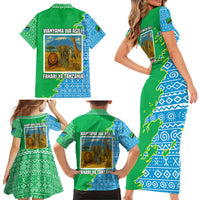 Tanzania Wildlife Family Matching Short Sleeve Bodycon Dress and Hawaiian Shirt with Tribal Print and Mount Kilimanjaro Safari Scene