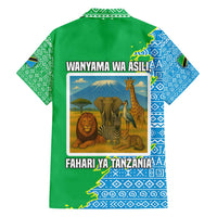 Tanzania Wildlife Family Matching Short Sleeve Bodycon Dress and Hawaiian Shirt with Tribal Print and Mount Kilimanjaro Safari Scene