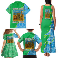 Tanzania Wildlife Family Matching Tank Maxi Dress and Hawaiian Shirt with Tribal Print and Mount Kilimanjaro Safari Scene