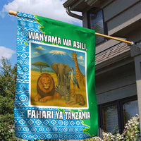 Tanzania Wildlife Garden Flag with Tribal Print and Mount Kilimanjaro Safari Scene
