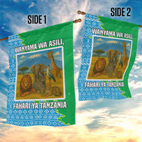 Tanzania Wildlife Garden Flag with Tribal Print and Mount Kilimanjaro Safari Scene