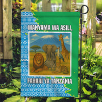 Tanzania Wildlife Garden Flag with Tribal Print and Mount Kilimanjaro Safari Scene