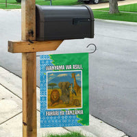 Tanzania Wildlife Garden Flag with Tribal Print and Mount Kilimanjaro Safari Scene