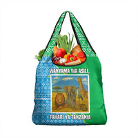 Tanzania Wildlife Grocery Bag with Tribal Print and Mount Kilimanjaro Safari Scene