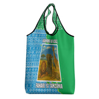 Tanzania Wildlife Grocery Bag with Tribal Print and Mount Kilimanjaro Safari Scene