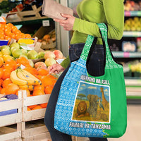 Tanzania Wildlife Grocery Bag with Tribal Print and Mount Kilimanjaro Safari Scene