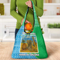 Tanzania Wildlife Grocery Bag with Tribal Print and Mount Kilimanjaro Safari Scene