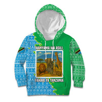 Tanzania Wildlife Kid Hoodie with Tribal Print and Mount Kilimanjaro Safari Scene