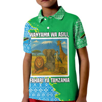 Tanzania Wildlife Kid Polo Shirt with Tribal Print and Mount Kilimanjaro Safari Scene