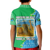 Tanzania Wildlife Kid Polo Shirt with Tribal Print and Mount Kilimanjaro Safari Scene