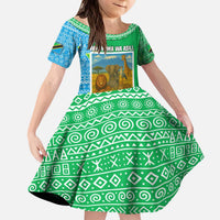 Tanzania Wildlife Kid Short Sleeve Dress with Tribal Print and Mount Kilimanjaro Safari Scene