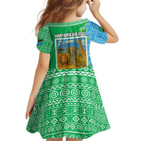 Tanzania Wildlife Kid Short Sleeve Dress with Tribal Print and Mount Kilimanjaro Safari Scene