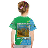 Tanzania Wildlife Kid T Shirt with Tribal Print and Mount Kilimanjaro Safari Scene
