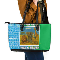 Tanzania Wildlife Leather Tote Bag with Tribal Print and Mount Kilimanjaro Safari Scene