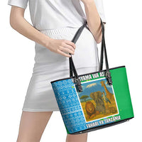 Tanzania Wildlife Leather Tote Bag with Tribal Print and Mount Kilimanjaro Safari Scene
