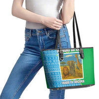 Tanzania Wildlife Leather Tote Bag with Tribal Print and Mount Kilimanjaro Safari Scene
