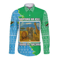 Tanzania Wildlife Long Sleeve Button Shirt with Tribal Print and Mount Kilimanjaro Safari Scene