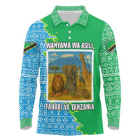 Tanzania Wildlife Long Sleeve Polo Shirt with Tribal Print and Mount Kilimanjaro Safari Scene
