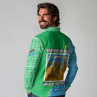 Tanzania Wildlife Long Sleeve Polo Shirt with Tribal Print and Mount Kilimanjaro Safari Scene