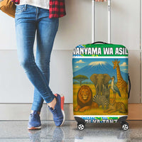 Tanzania Wildlife Luggage Cover with Tribal Print and Mount Kilimanjaro Safari Scene