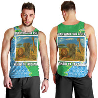 Tanzania Wildlife Men Tank Top with Tribal Print and Mount Kilimanjaro Safari Scene