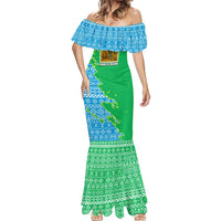 Tanzania Wildlife Mermaid Dress with Tribal Print and Mount Kilimanjaro Safari Scene