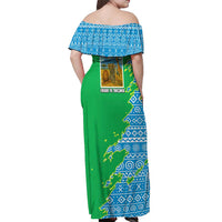 Tanzania Wildlife Off Shoulder Maxi Dress with Tribal Print and Mount Kilimanjaro Safari Scene