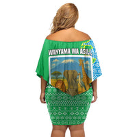 Tanzania Wildlife Off Shoulder Short Dress with Tribal Print and Mount Kilimanjaro Safari Scene