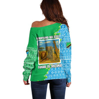 Tanzania Wildlife Off Shoulder Sweater with Tribal Print and Mount Kilimanjaro Safari Scene