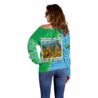Tanzania Wildlife Off Shoulder Sweater with Tribal Print and Mount Kilimanjaro Safari Scene