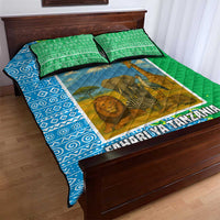 Tanzania Wildlife Quilt Bed Set with Tribal Print and Mount Kilimanjaro Safari Scene