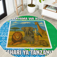 Tanzania Wildlife Round Carpet with Tribal Print and Mount Kilimanjaro Safari Scene