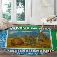 Tanzania Wildlife Round Carpet with Tribal Print and Mount Kilimanjaro Safari Scene