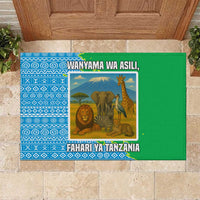 Tanzania Wildlife Rubber Doormat with Tribal Print and Mount Kilimanjaro Safari Scene