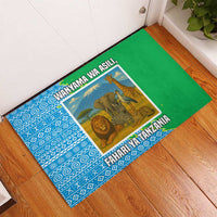 Tanzania Wildlife Rubber Doormat with Tribal Print and Mount Kilimanjaro Safari Scene
