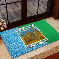 Tanzania Wildlife Rubber Doormat with Tribal Print and Mount Kilimanjaro Safari Scene