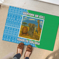 Tanzania Wildlife Rubber Doormat with Tribal Print and Mount Kilimanjaro Safari Scene