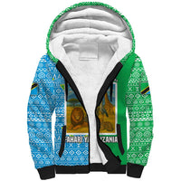 Tanzania Wildlife Sherpa Hoodie with Tribal Print and Mount Kilimanjaro Safari Scene