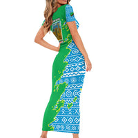 Tanzania Wildlife Short Sleeve Bodycon Dress with Tribal Print and Mount Kilimanjaro Safari Scene
