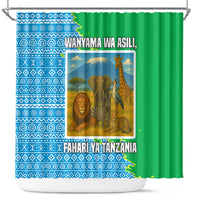 Tanzania Wildlife Shower Curtain with Tribal Print and Mount Kilimanjaro Safari Scene